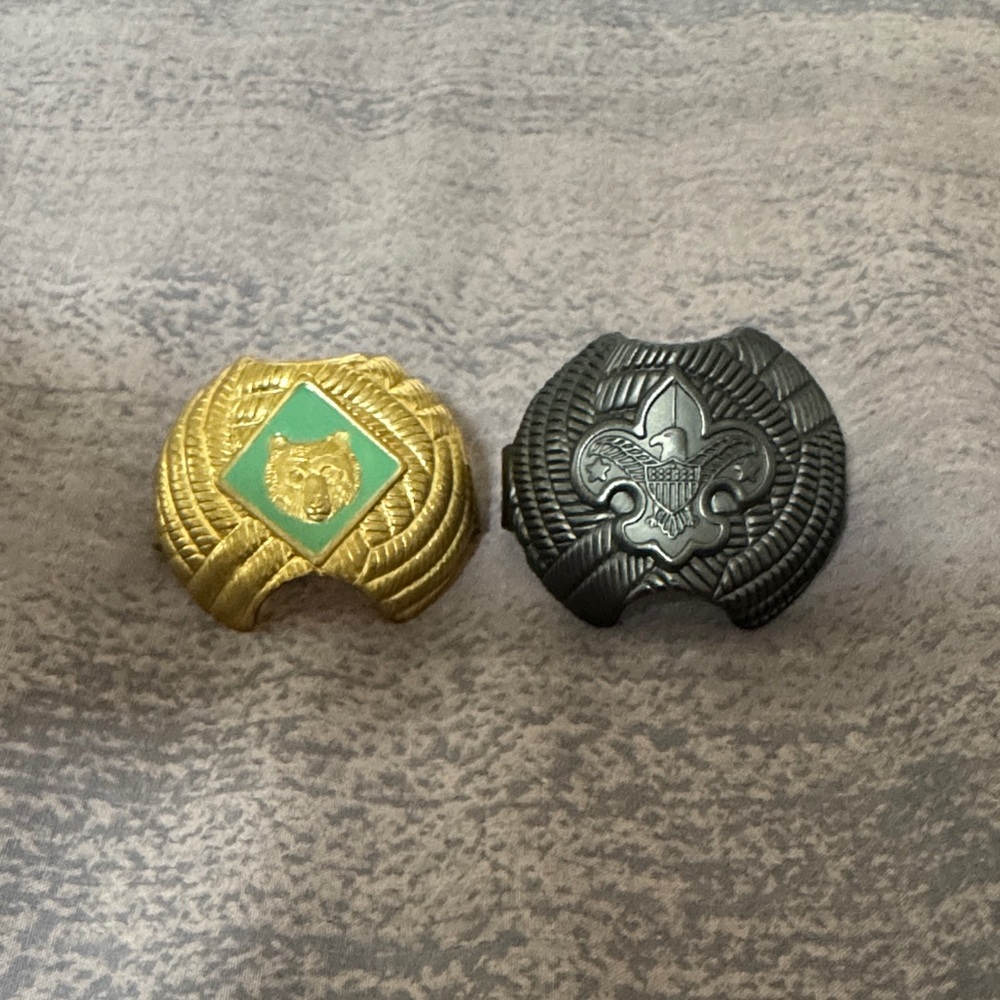 Bear and Scout neckerchief slides. In virtually new condition. BSA.